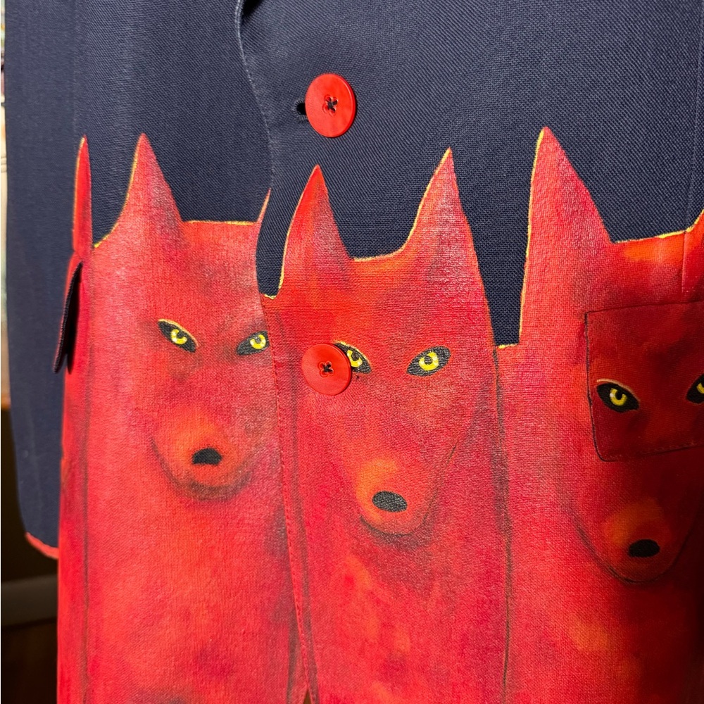 Upcycled Vintage Blazer Handpainted Wolves Statement Piece Pop Art One-of-a-Kind - Picture 4 of 12